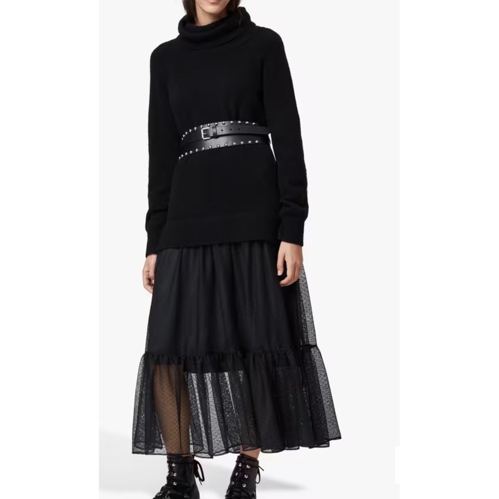 AllSaints Tula Dress Small Black Wool Blend Roll Neck Mesh Tiered Maxi WD335R - Picture 3 of 9